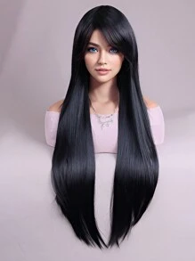 女士黑色长直假发，合成黑色直发假发，黑色长发假发 30 英寸（黑色）适合派对使用 - 黑色 - 查看 1