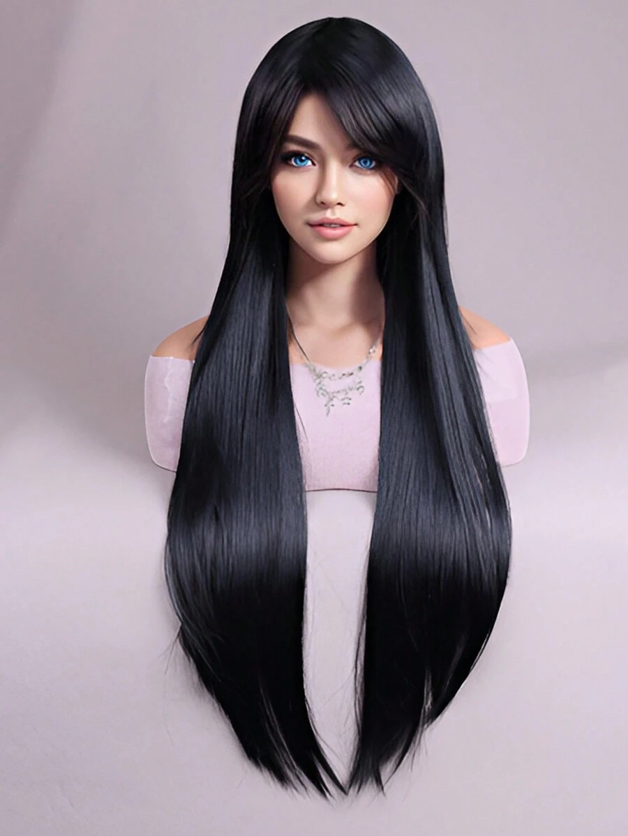 女士黑色长直假发，合成黑色直发假发，黑色长发假发 30 英寸（黑色）适合派对使用 - 黑色 - 查看 1