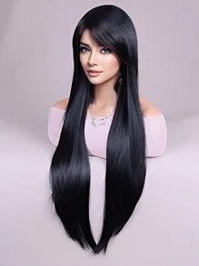 女士黑色长直假发，合成黑色直发假发，黑色长发假发 30 英寸（黑色）适合派对使用 - 黑色 - 查看 3