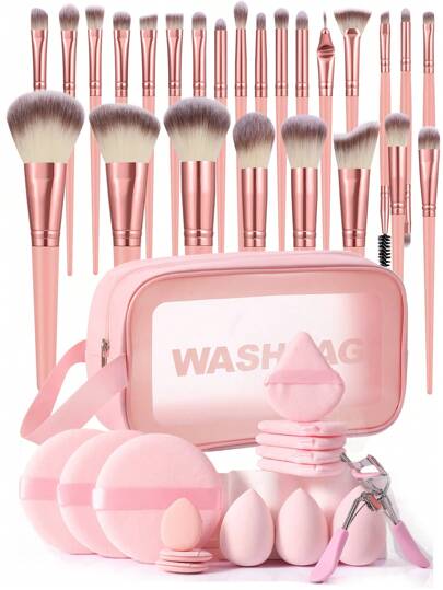 41pcs Makeup Brush Set Includes 25 Makeup Brushes (Powder Brush, Blush Brush, Highlighter Brush, Eyeshadow Brush, Eyeliner Brush, Contour Brush), 3 Makeup Sponges, 5 Triangle Makeup Sponges, 1 Waterproof Cosmetic Bag, 3 Finger Makeup Sponges, 3 Large Round Powder Puffs, 1 Eyelash Curler