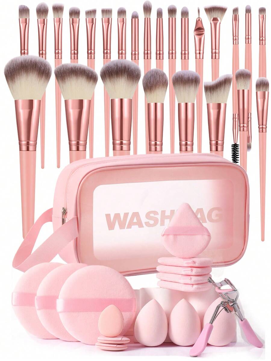 41pcs Makeup Brush Set Includes 25 Makeup Brushes (Powder Brush, Blush Brush, Highlighter Brush, Eyeshadow Brush, Eyeliner Brush, Contour Brush), 3 Makeup Sponges, 5 Triangle Makeup Sponges, 1 Waterproof Cosmetic Bag, 3 Finger Makeup Sponges, 3 Large Round Powder Puffs, 1 Eyelash Curler - Pink - View 1