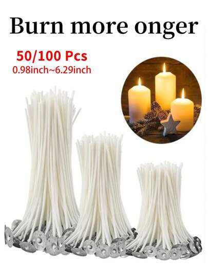 50 Pcs Or 100 Pcs 0.98in/3.54in/6.29in Candle Wicks Smokeless Wax Pure Core For DIY Candle Making Pre-Waxed Wicks Party Supplies,Room Decor,Gifts Birthday Graduation