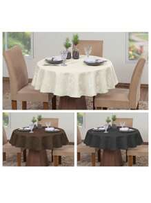 Kit Of 3 Luxury Round Tablecloths For Dining Room Jacquard 4 Seats - 稻草色,棕色,石墨色 - 查看 1