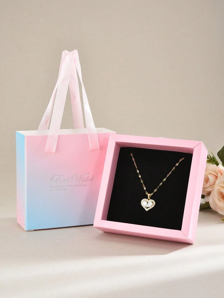 1 件礼盒装奢华不锈钢方晶锆石心形吊坠项链女士 - 金黃色 - 查看 1