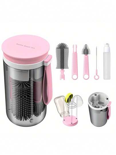 1 Set Portable Bottle Brush Kit, Silicone Bottle & Nipple Brush, Drying Rack, For Travel