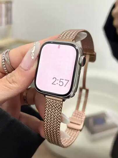 1 件兼容 表带女式表带 14 毫米窄金属磁吸表带玫瑰金兼容 尺寸 46/45/41/40/42/38/49/44 毫米，适用于 SE/S10/9/8/7SE4/5/6/3/2/1 Ultra 3/2/1，编织图案设计，高级表带秋冬薄金属智能表带。AppleWatch 配件