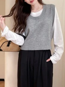 Age-Reducing Versatile U-Neck Sleeveless Pullover Vest - Grey - View 4