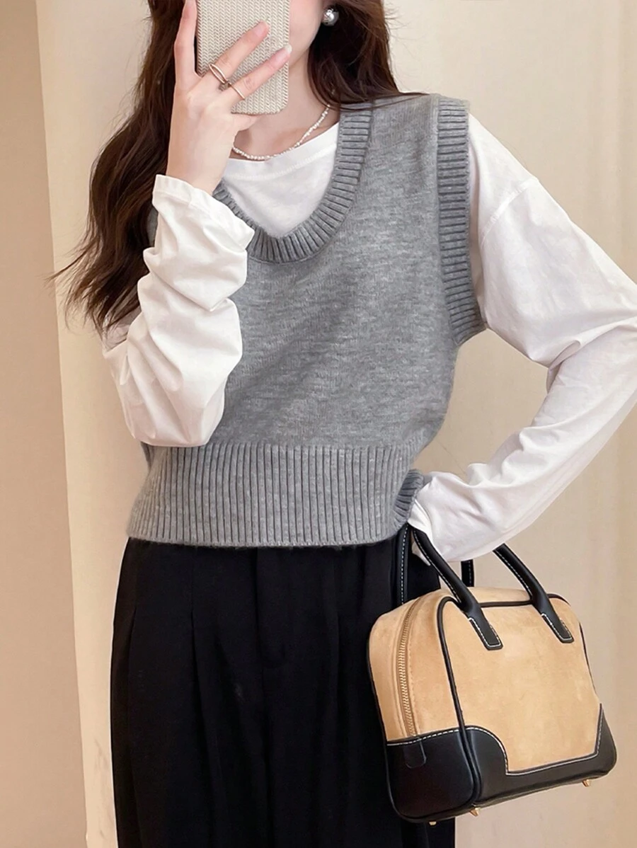 Age-Reducing Versatile U-Neck Sleeveless Pullover Vest - Grey - View 1