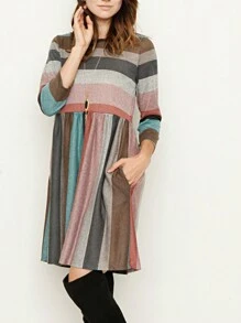 Boho Retro 70's 90's Vintage Black Black Olive Mocha Pink Mint Knit Brushed Ruffle Tiered Color Block Stripe Tunic Dress - 薄荷綠 - 查看 5