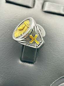 Gold Plated Stainless Steel Men's Ring With Jesus Statue, Silver Cross, Holy Light - 銀色 - 查看 2