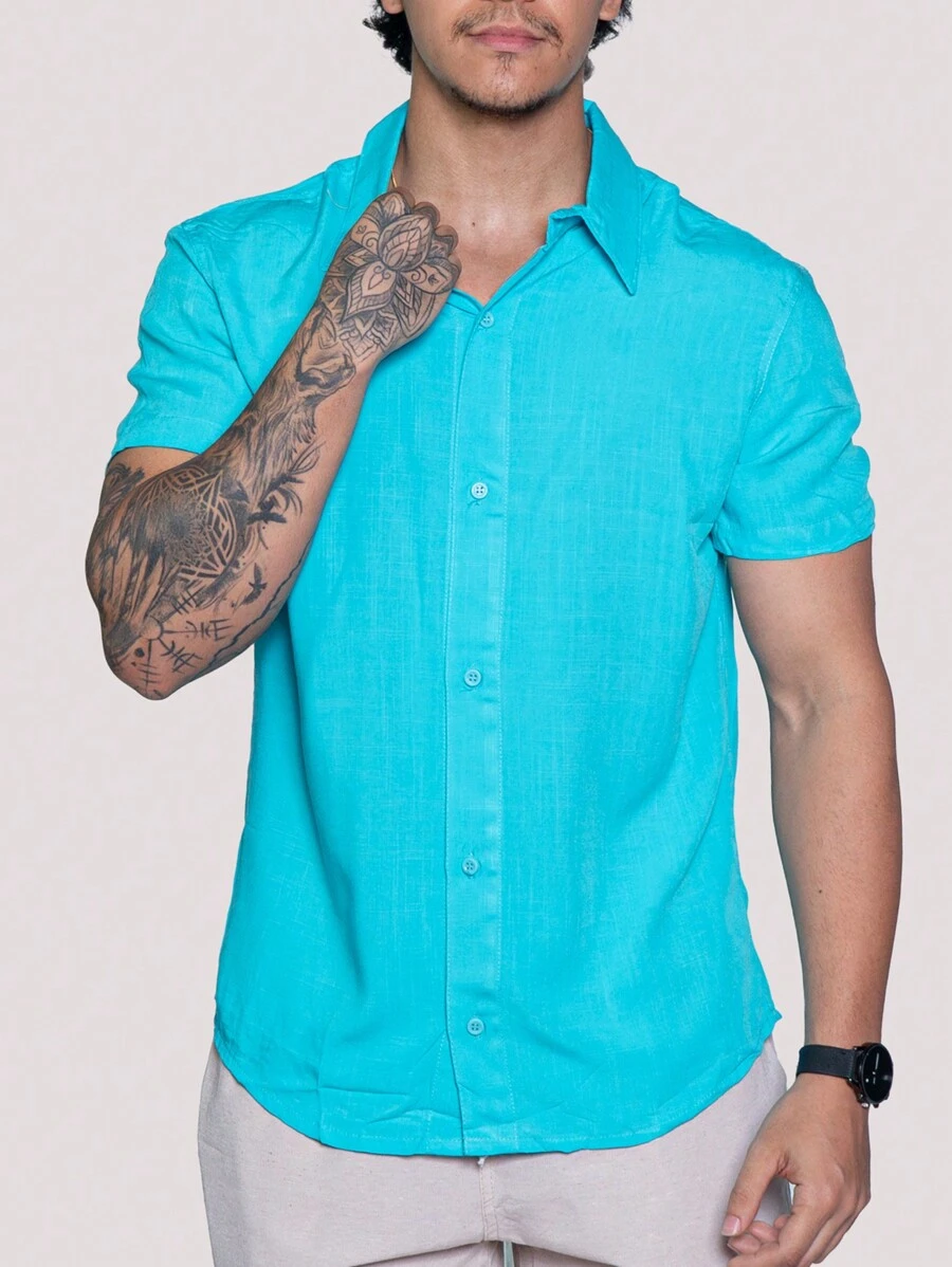 Linen Shirt Short Sleeve Formal Summer Fresh Italian Collar Elegant In Visco-Linen - Baby Blue - View 1