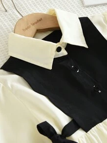 Vestido de manga comprida com camisa emendada 2 em 1 minimalista casual para meninas, primavera e outono