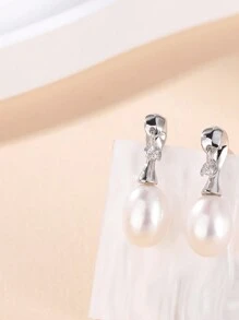 1 对 S925 纯银天然淡水珍珠耳环，简约设计 - 米色 - 查看 5