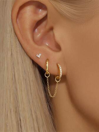 3 Piezas Pendientes de plata de ley 925 con cadena desmontable para mujeres, 2024, estilo piercing de gota/mini, minimalista, perfecto para uso diario, joyería nupcial, joyería fina