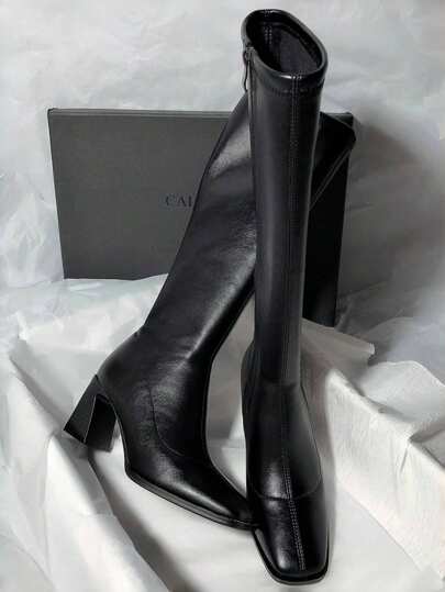 2025 秋冬新款修身过膝长靴，简约方头女式过膝高筒靴，黑色靴子