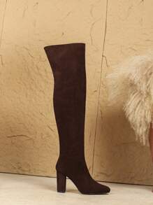 Women's Fashion Commuter, Versatile Party, Outdoor Casual, Over-The-Knee Elastic Boots, New Autumn/Winter Women's Boots, Sexy, Round Toe High Heel, Skinny Boots, Chocolate Brown Suede Slimming Chunky Heel Knee-High Boots