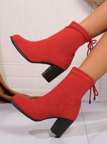 2024 Autumn/Winter New Pointy Toe Suede Pull-On Red Ankle Boots, Christmas Fashion Western Style High Heel Boots, Thick Heel