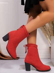 2024 Autumn/Winter New Pointy Toe Suede Pull-On Red Ankle Boots, Christmas Fashion Western Style High Heel Boots, Thick Heel