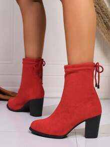 2024 Autumn/Winter New Pointy Toe Suede Pull-On Red Ankle Boots, Christmas Fashion Western Style High Heel Boots, Thick Heel