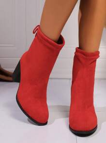 2024 Autumn/Winter New Pointy Toe Suede Pull-On Red Ankle Boots, Christmas Fashion Western Style High Heel Boots, Thick Heel