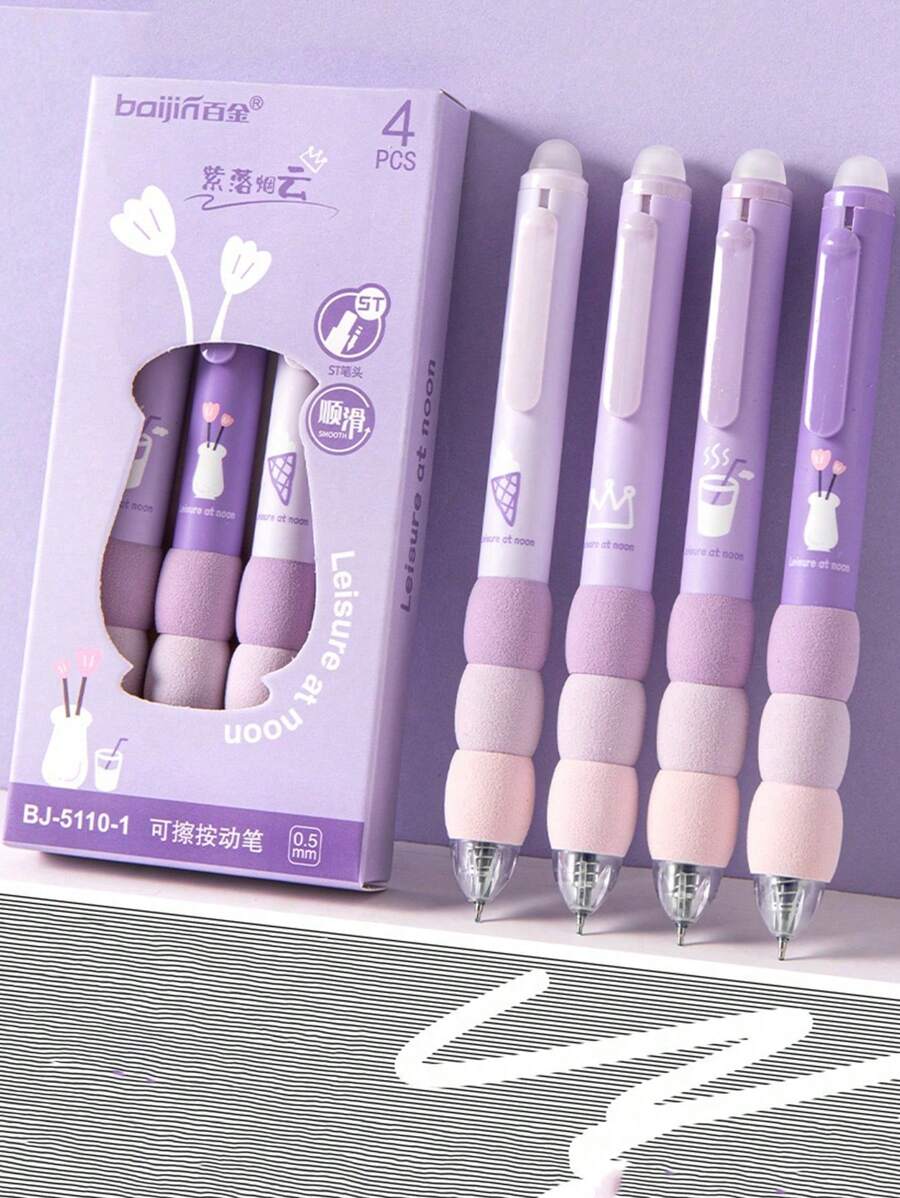 随机颜色 4 支可擦按压笔，极具吸引力的创意学生文具笔，办公室签名书写材料，送给家人、朋友和同事的礼物办公室、学校、绘图、学生、马克笔、文具、男孩、女孩、学校用品 - 彩色 - 查看 1