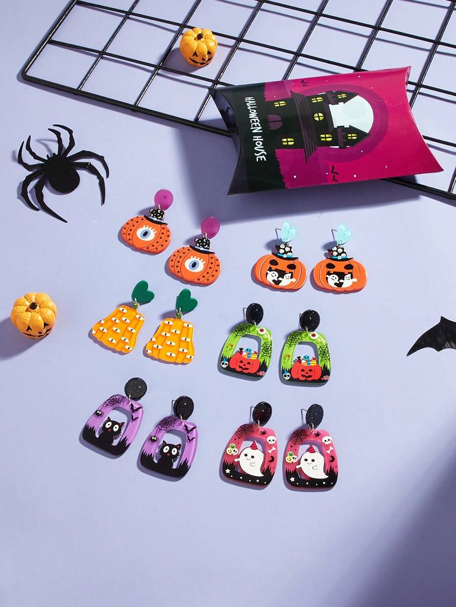 1 对亚克力卡通幽灵、紫色眼睛、微笑南瓜、南瓜眼、幽灵万圣节耳环，适合女性圣诞礼物 - 彩色 - 查看 1
