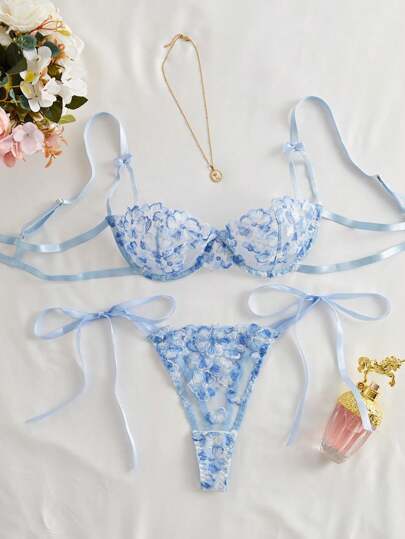 Style Dream 2pcs Women Cool Light Blue Flower Embroidered Mesh Sheer Lace-Up Lingerie Set, Intimate Apparel For Valentine's Day, Kawaii Ultra Thin Bra