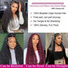 Jerry Curl Wave Lace Front Wigs Human Hair 180% Density 13x4 HD Lace Front Wigs Human Hair Pre Plucked With Baby Hair Deep Curly Water Wave Wig Human Hair For Women Wet Wavy Wigs Human Hair