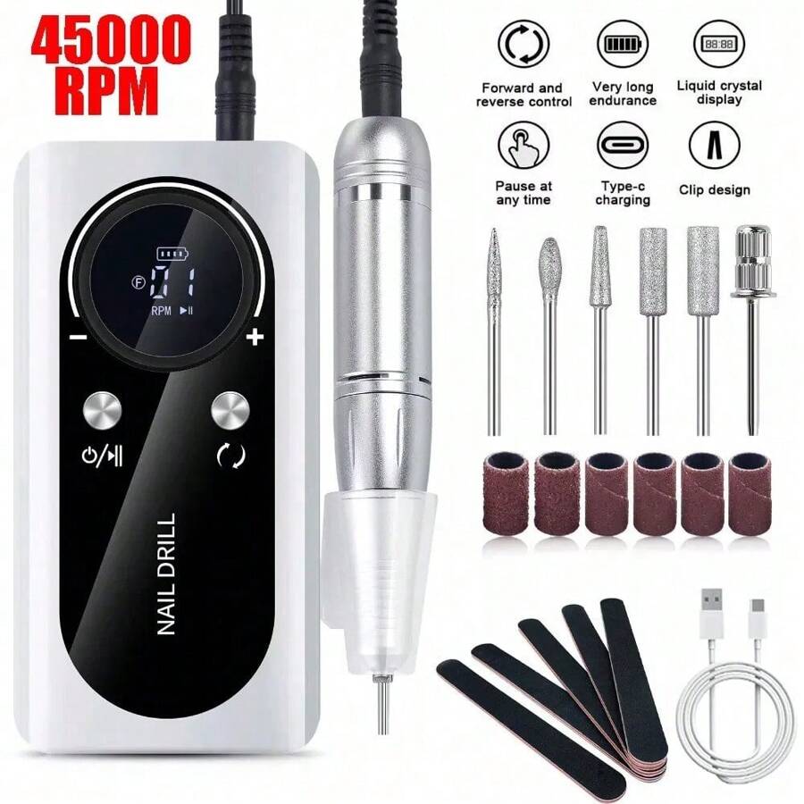 45000RPM Electric Cordless Nail Drill Machine E File Manicure LED Art Drill Kits - White - View 1
