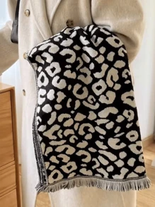 1 件女士休闲黑白/卡其色豹纹动物图案流苏保暖围巾，适合约会、日常穿着、购物、聚会、度假 - 彩色 - 查看 7