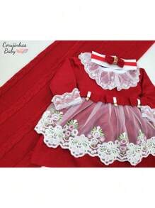 Maternity Outfit For Girl In Red Knit / White Lace With Luxury Women's Dress - 彩色 - 查看 3