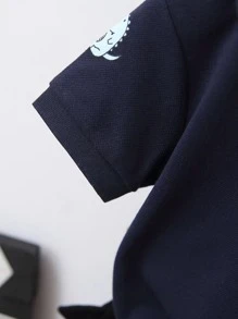 2pcs Young Boy Fashionable Dinosaur Print Collar Tee & Solid Color Shorts Set, Short Casual Outfit