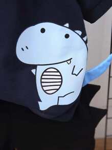 2pcs Young Boy Fashionable Dinosaur Print Collar Tee & Solid Color Shorts Set, Short Casual Outfit