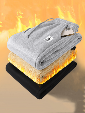 1 件男士户外保暖内衬慢跑裤，带卷边下摆，保暖羊羔绒内衬，适合秋冬季