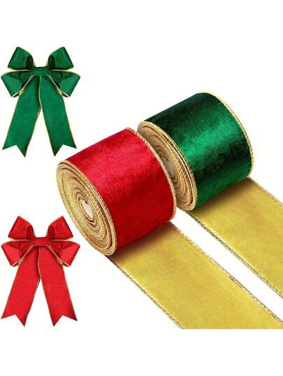 1条奢华带金属丝边圣诞丝带 – 经典绿色带金色饰边，用途广泛，可用于节日装饰、圣诞树包装、礼品包装、插花和蝴蝶结制作，圣诞丝带家居装饰、圣诞装饰品、房间装饰、冬季圣诞装饰、家居圣诞礼物、圣诞装饰