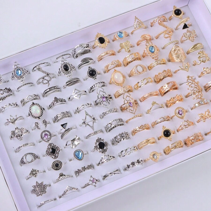 50pcs/Pack Bohemian Vintage Hollow Geometric Crystal Adjustable Rings For Women, Random Styles For Daily, Date, Party, Jewelry Accessory Gift