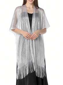 1pc Women's Fashionable Solid Color Loose Cover-Up Shimmering Metallic Net Fringed Kimono Cardigan Tassel-Adorned Party Dress, Semi-Sheer 3/4 Sleeves, Women Swimwear & Festival Wear For Carnival, Music Events, And Holidays Accessories Women