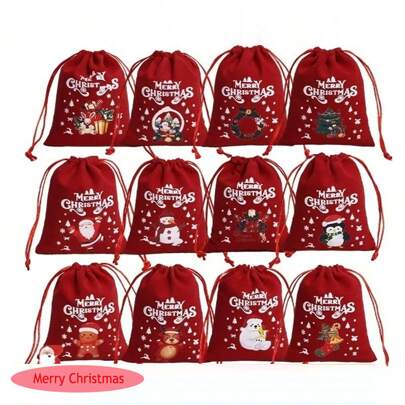 12pcs Christmas Velvet Bags - Advent Calendar Gift Bags, Drawstring Bags, Christmas Candy & Jewelry Packaging Bags For Eid Al-Adha Mubarak