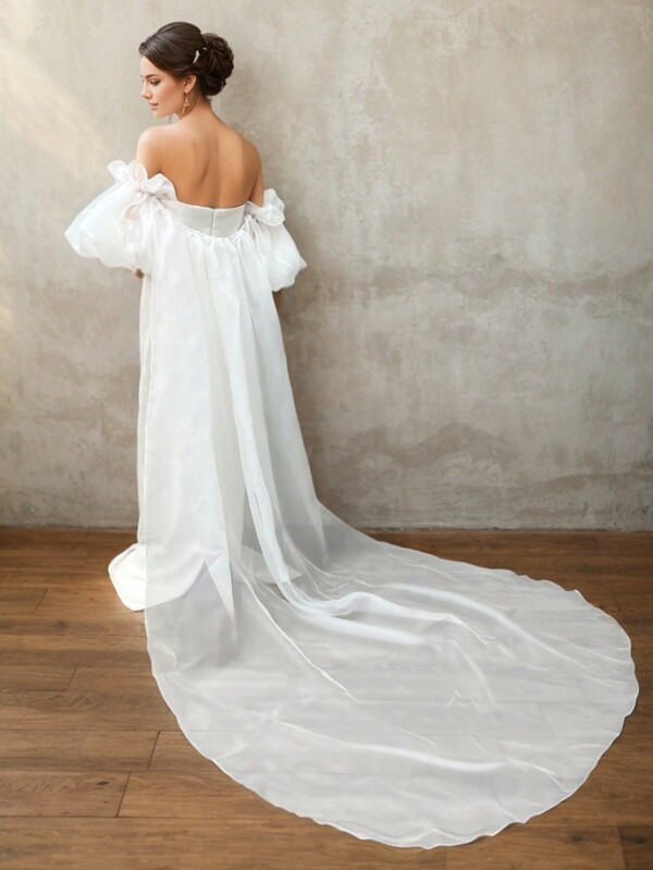 1pc White Organza Bridal Wedding Dress With Puff Sleeves + 200cm Train Cloak Cape Fall Clothes For Women