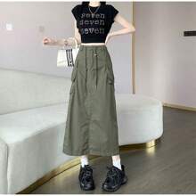 Parachute Cargo Skirt Simple Pocket Fashion Blocker Elastane Waist - 綠色 - 查看 2