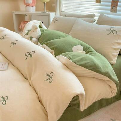 Juego de ropa de cama de 4 piezas de fleece de leche bordado reversible y antiestático de alta gramaje, categoría A, de grosor cálido