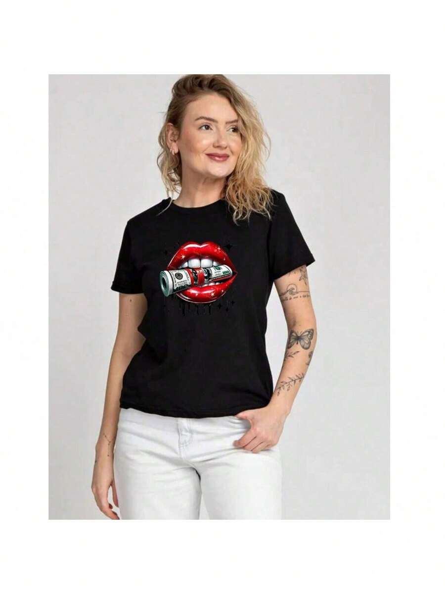 Women's T-Shirt Dollar Mouth Print 100% Cotton Dtf - 黑色 - 查看 1