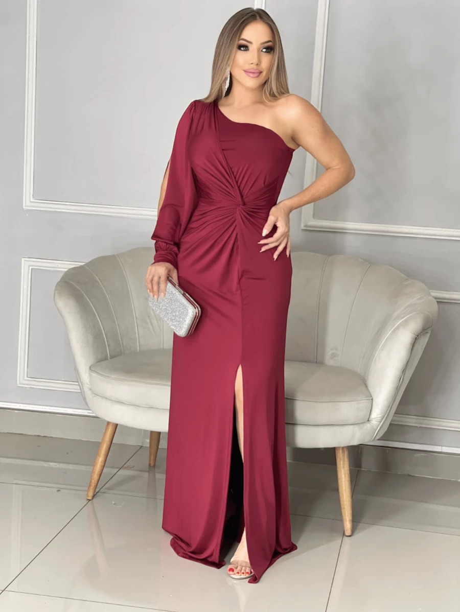 Long Dress With Sleeves For Bridesmaid Wedding Graduation Light Party - Redwood - View 1