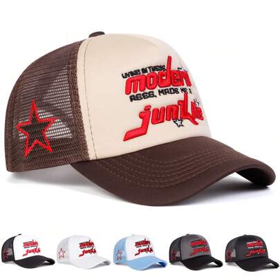 1 pieza Gorra de béisbol con estrella de 5 puntas para hombre, gorra trucker informal con letra para exteriores, gorra de sol transpirable de malla para viaje, primavera y otoño