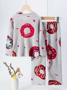 2pcs/Set Young Girl Flannel Pajamas Suit With Warm Lining, Autumn/Winter Children Thicken Homewear Thermal Underwear Set