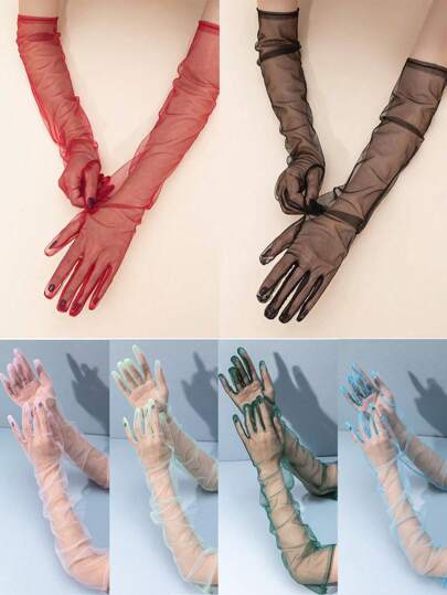 1 Pair Women Solid Color Long Mesh Evening Gloves Halloween