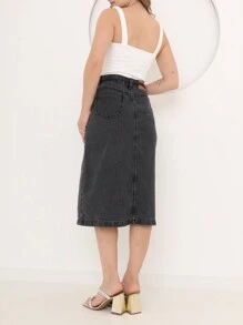 New Women's Slit Denim Skirt With Belt - 深灰色 - 查看 3