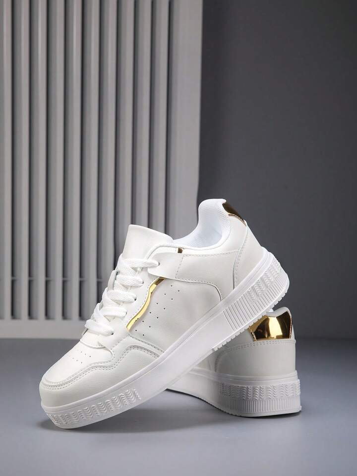 Women s Platinum Color Patched Casual Sneakers Women s Low Top Lace Up Fashion Trendy Soft Elevated Comfortable Breathable Anti Odor Lightweight Skate Shoes Women s Outdoor Park Walking Jogging Shoes ...
