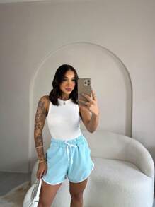 Short Striped Tactel Shorts With Lining For Gym, Walking – Comfort And Style For Everyday Life - Màu xanh nhạt - Xem 8