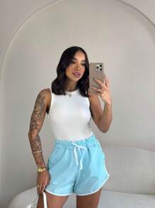 Short Striped Tactel Shorts With Lining For Gym, Walking – Comfort And Style For Everyday Life - Màu xanh nhạt - Xem 5